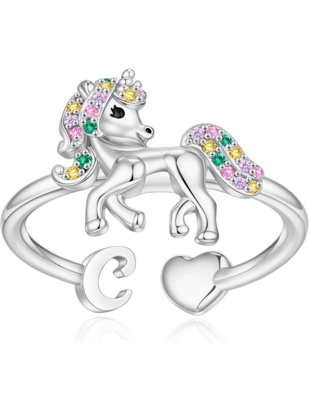 Adjustable Unicorn Heart Initial Rings for Teen Girls - Stackable Rose/White